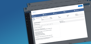 Display of a quote configuration interface with a highlighted window over a blue background. The active window shows fields for product details, pricing, and a text editor for entering descriptions. At the top, quote metrics like total price, margin, and discount are visible.